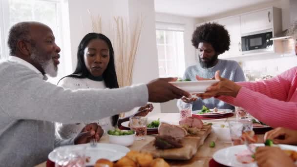 Fröhliche Gemischte Rasse Mehrgenerationenfamilie Beim Gemeinsamen Sonntäglichen Abendessen — Stockvideo