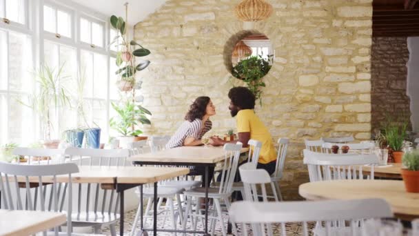 Mixed Race Middle Aged Couple Holding Hands Table Date Empty — Stock Video