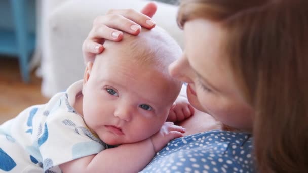 Madre Sentada Sofá Casa Abrazando Besando Bebé Hijo Acostado Hombro — Vídeos de Stock