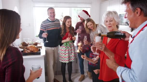 在厨房里享受饮料和敬酒的多代家庭的肖像 他们在一起庆祝圣诞节的慢镜头 — 图库视频影像