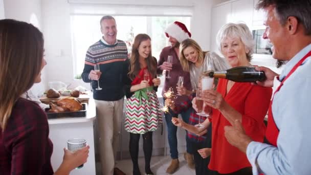 Retrato Familia Multigeneracional Cocina Disfrutando Las Bebidas Haciendo Tostadas Juntos — Vídeo de stock