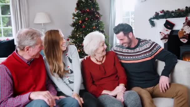 Retrato Padres Mayores Con Hijo Hija Adultos Usando Jerséis Navidad — Vídeo de stock