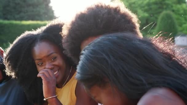 Dos Parejas Negras Sentadas Hierba Hablando Cerca — Vídeos de Stock