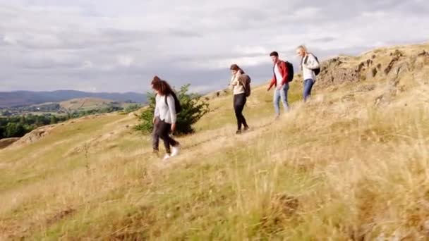 Genç Yetişkin Arkadaş Yokuş Aşağı Dağ Yürüyüşü Sırasında Alana Yürürken — Stok video
