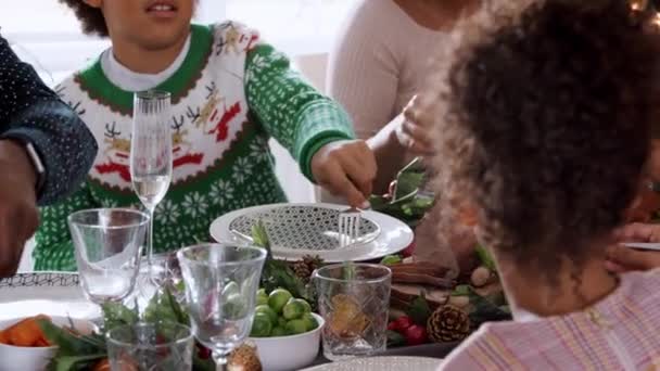 Famiglia Multigenerazione Razza Mista Seduta Tavola Natale Mangiare Insieme Panning — Video Stock