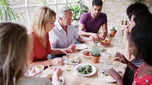 Többnemzetiségű Csoport Vegyes Korú Felnőtt Barátok Tapas Együtt Eszik Ebéd — Stock videók