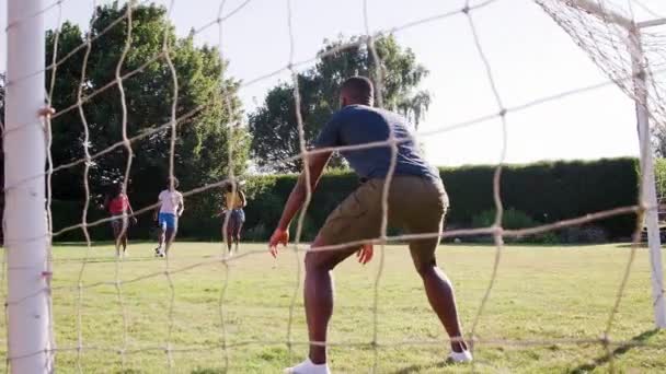 Dos Parejas Negras Adultas Jugando Fútbol Jardín — Vídeos de Stock