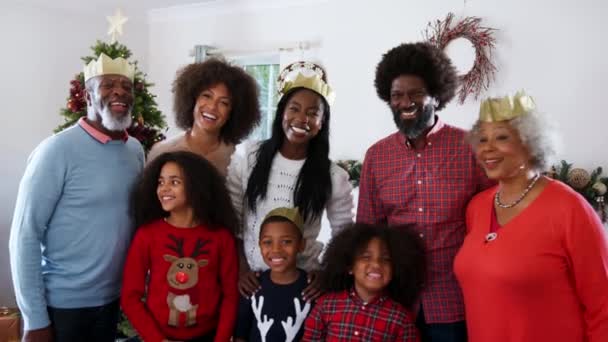 Portrait Multi Generation Family Wearing Paper Hats Standing Lounge Home — Stock Video