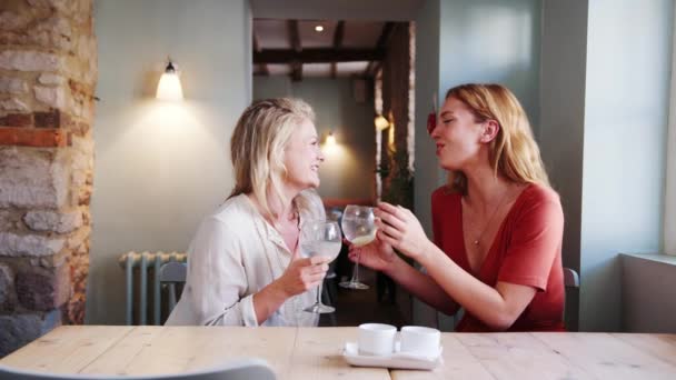 Duas Jovens Mulheres Loiras Adultas Segurando Copos Vinho Conversando Umas — Vídeo de Stock