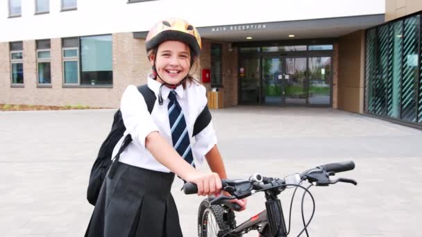 Portrait Female High School Student Wearing Uniform School Building Arriving — Stock Video