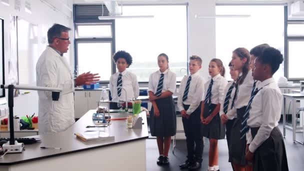 Profesor Secundaria Masculino Clase Ciencias Demostrando Experimento Haciendo Preguntas Los — Vídeos de Stock