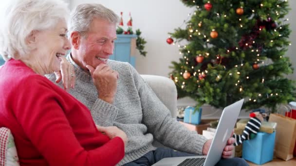 Vídeo Casal Sênior Sentado Sofá Casa Usando Laptop — Vídeo de Stock