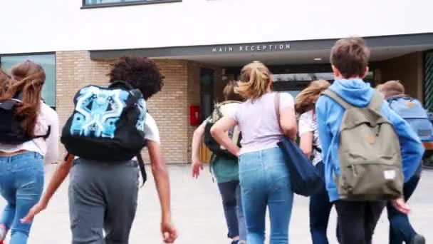 Rückansicht Einer Gruppe Von Schülerinnen Und Schülern Die Das Schulgebäude — Stockvideo