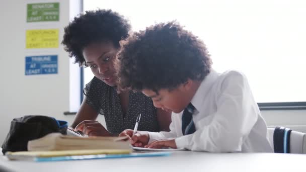 Vídeo Professora Ensino Médio Feminino Com Aluno Mesa Mesa — Vídeo de Stock