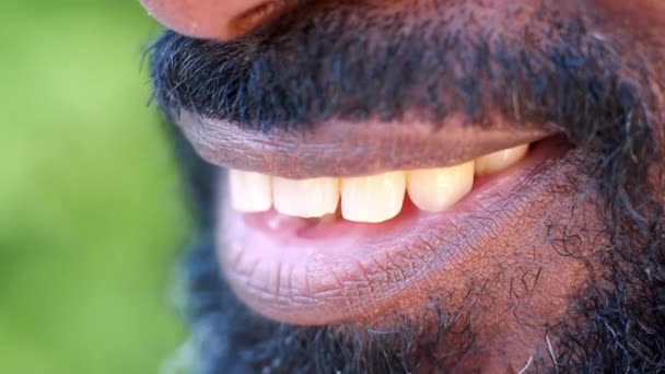 Vista Lateral Boca Dentes Homem Negro Sorridente Detalhe — Vídeo de Stock