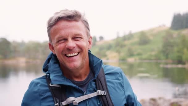 Middle Aged Man Standing Camping Holiday Standing Lake Laughing Close — Stock Video