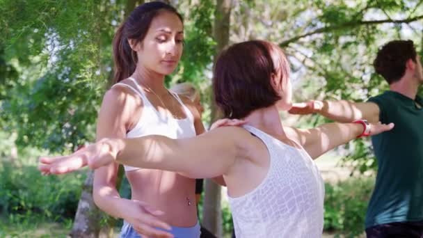 Instructora Mujer Ayudando Estudiante Clase Yoga Aire Libre Video Filmado — Vídeos de Stock