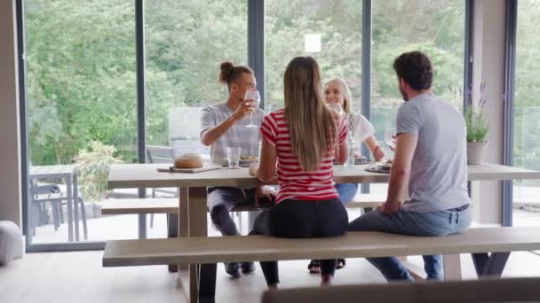 Quatro Jovens Amigos Adultos Celebrando Levantando Copos Vinho Durante Jantar — Vídeo de Stock