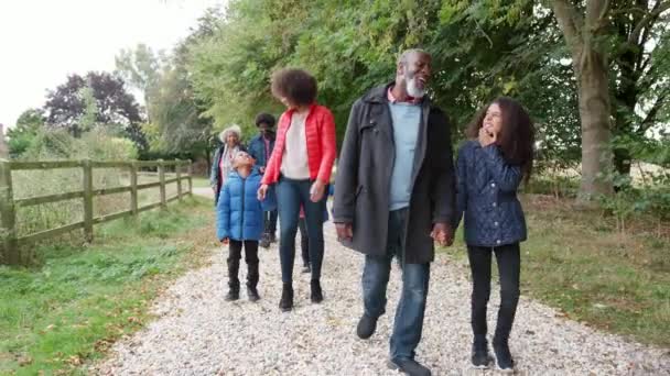 スローモーションで撮影 カメラに向かって秋風景をパスに沿って歩いて多世代家族グループ — ストック動画