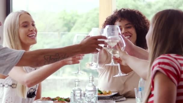 Cinco Amigos Adultos Jóvenes Celebrando Sonriendo Levantando Copas Vino Durante — Vídeo de stock