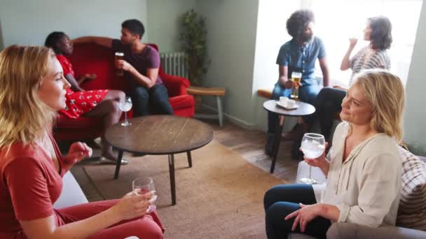 Duas Jovens Mulheres Sentadas Sala Estar Pub Segurando Bebidas Tendo — Vídeo de Stock