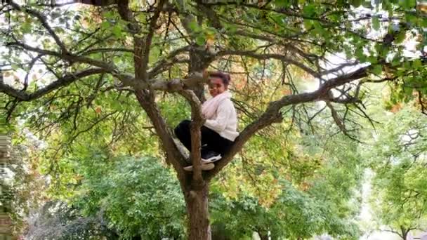 Μικτή Φυλή Κορίτσι Που Κάθεται Ένα Φθινοπωρινό Δέντρο Χαμογελά Στη — Αρχείο Βίντεο