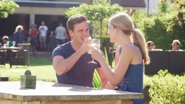 Paar Genießt Sommerdrink Freien Pub Garten Und Prostet Aufgenommen Zeitlupe — Stockvideo