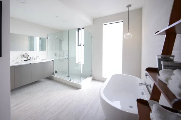 Banheiro Doméstico Moderno Com Cabine Duche Banheira Autônoma — Fotografia de Stock