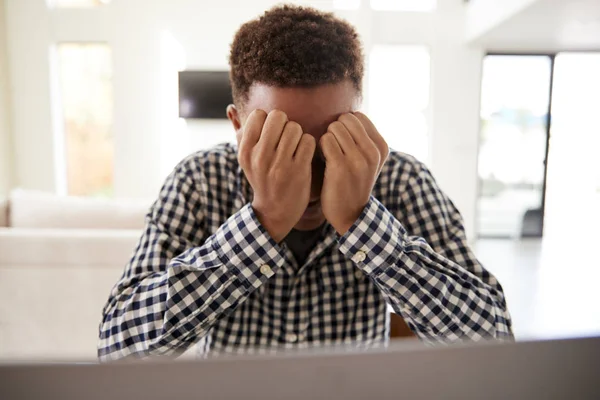 Depressed Black Teenage Boy Head Hands Using Laptop Computer Home — Stock Photo, Image