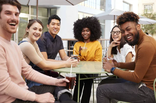 Six Trendy Millennial Friends Sitting Drinking Cafe Turning Smiling Camera — Stock Photo, Image