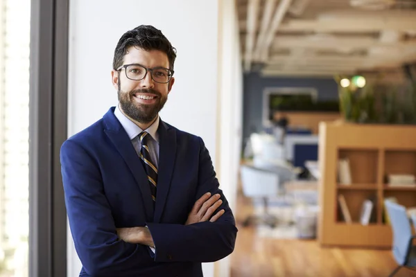 Retrato Del Hombre Negocios Oficina Moderna Pie Junto Ventana — Foto de Stock