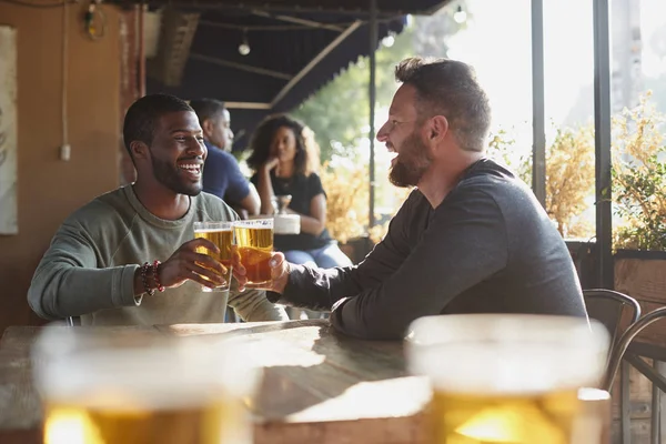 Two Male Friends Meeting Sports Bar Making Toast Together — Stock Photo, Image
