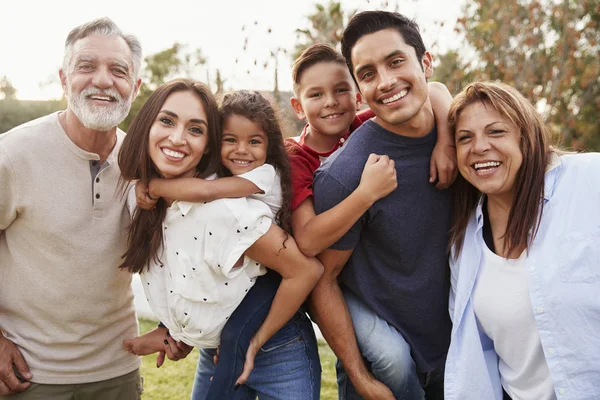 Three Generation Hispanic Family Standing Park Smiling Camera Selective Focus — Stock Photo, Image