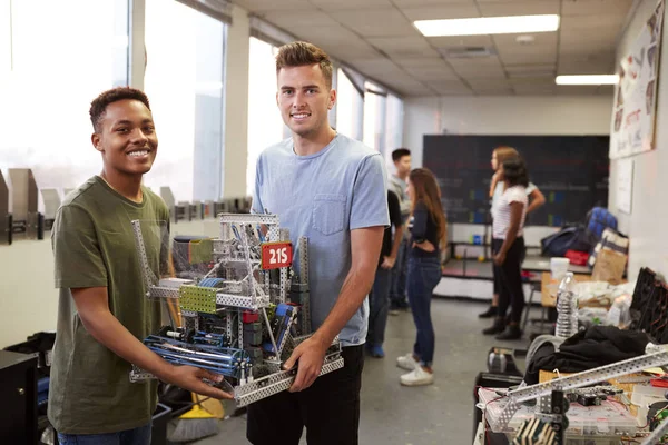 Portrait Two Male University Students Carrying Machine Science Robotics Engineering — Stock Photo, Image