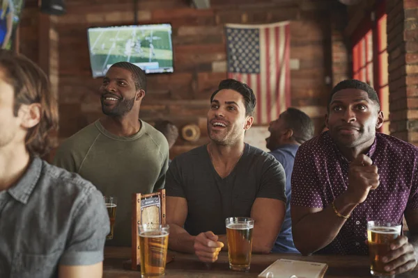 Male Friends Drinking Beer Watching Game Screen Sports Bar — Stock Photo, Image