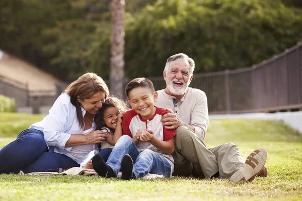 Abuelos Hispanos Sentados Césped Del Parque Con Sus Nietos Riendo — Foto de Stock