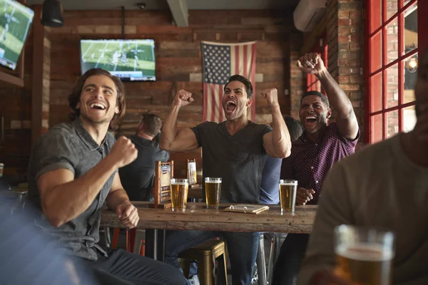 Grupo Amigos Sexo Masculino Comemorando Enquanto Assiste Jogo Tela Barra — Fotografia de Stock