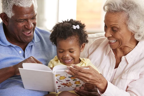 Abuelos Sentados Sofá Casa Leyendo Libro Con Nieta Del Bebé —  Fotos de Stock