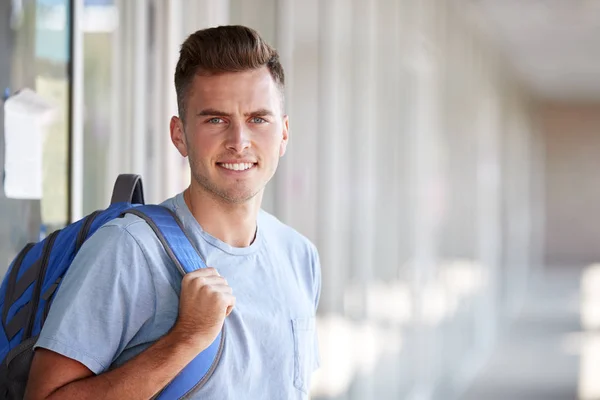 Portrait Smiling Male University Student Backpack Corridor College Building — Stock Photo, Image