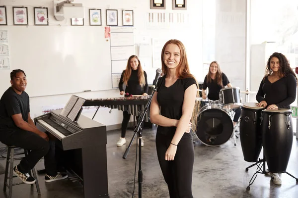 Portrait Students Performing Arts School Playing Band Rehearsal — Stock Photo, Image