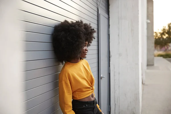 Νεαρή Μαύρη Γυναίκα Αφρο Μαλλιά Ακουμπισμένη Στο Δρόμο Ενάντια Στα — Φωτογραφία Αρχείου