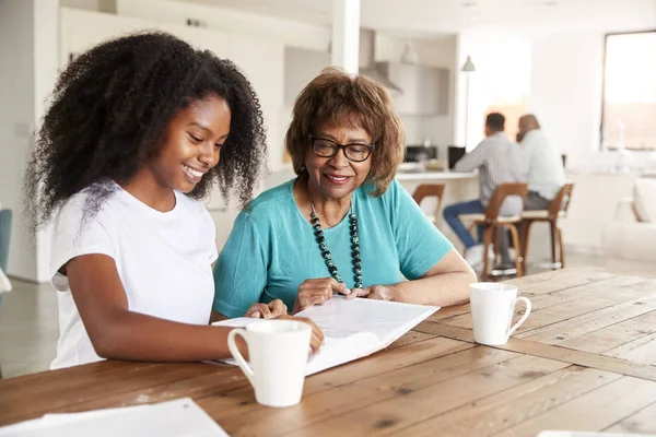 Adolescente Ragazza Nera Guardando Attraverso Album Foto Con Nonna Casa — Foto Stock