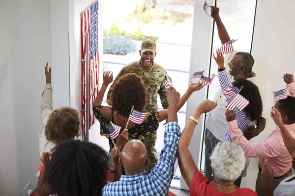 Young Black Male Soldier Returning Home His Three Generation Family — Stockfoto