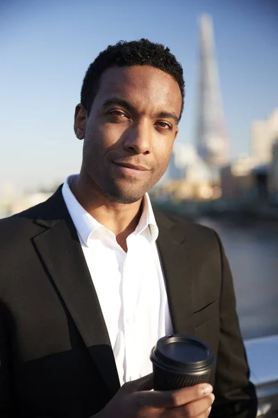 Young Black Businessman Smart Casual Clothing Standing River Thames London — Stock Photo, Image