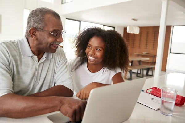 Adolescente Ragazza Nera Aiutare Nonno Utilizzando Computer Portatile Sorridendo Altro — Foto Stock