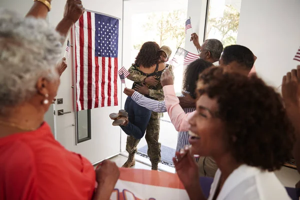 Young Black Soldier Returning Home Surprise Family Party Selective Focus — Stock Photo, Image