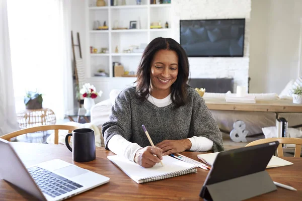 Happy Middle Aged Mixed Race Woman Sitting Table Her Dining — Stock Photo, Image