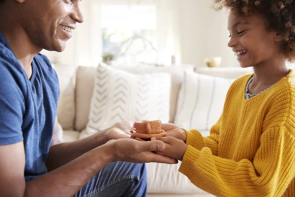 Close Pre Teen Girl Presenting Handmade Gift Her Father Side — Stock Photo, Image