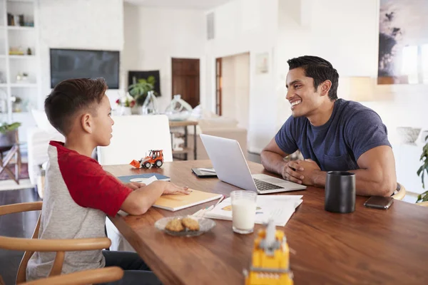 Hispanic Father Son Working Each Other Dining Room Table Selective — Stock Photo, Image