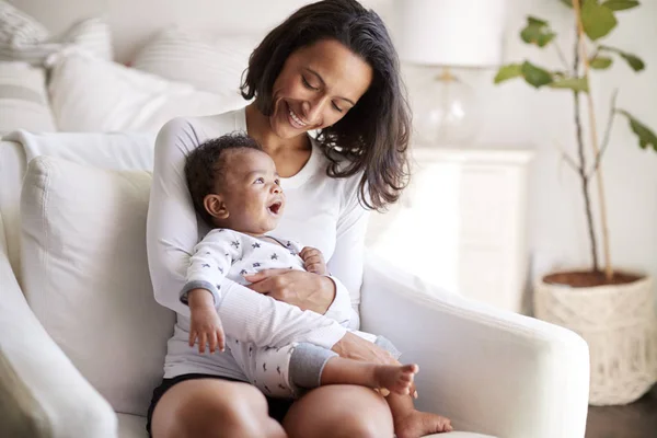 Young Adult Mother Sitting Armchair Her Bedroom Holding Her Three — 스톡 사진